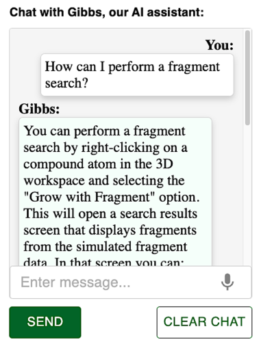 Screenshot of Gibbs chat, answering a question about fragment search.