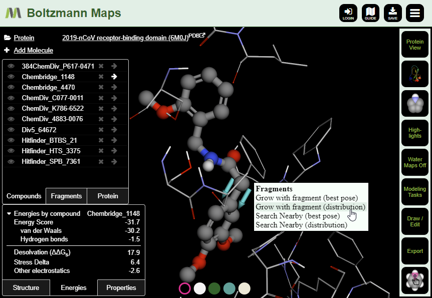 Image of a sample compound in Ligand View, showing the fragment growing menu and energy table.