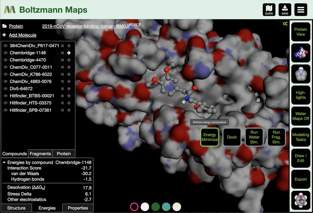 Image of Boltzmann Maps workspace showing the energy report and the Energy Minimize menu item for compound energy minimization.