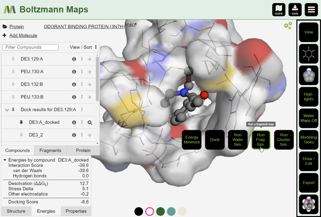 The BMaps design environment is shown after importing PDB ID 3n7h from the PDB and docking and minimizing the DE3 ligand from Chain A. The list of compounds includes the DE3 crystal ligand and the results from docking. The energy table for the docked pose is shown. The mouse is highlighting the "Run Frag Sim" menu option.